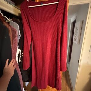 Red Ribbed Long Sleeve Dress